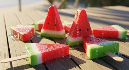 Watermelon slices on sticks melt on wooden deck, outdoors in warm light
