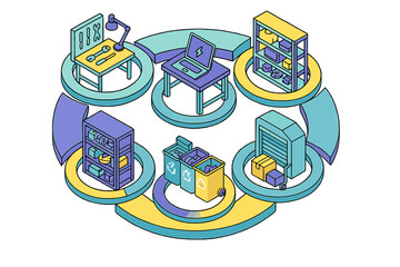 Isometric workflow diagram of product lifecycle management including repair, storage, and waste disposal