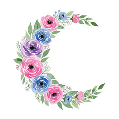 Elegant Floral Vector Illustration for Wedding Design Featuring Pink Purple and Blue Roses with Green Leaves in Organic Style