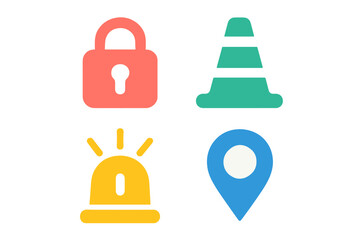 Obraz premium Essential safety and navigation symbols: security lock, traffic cone, emergency siren, map pin