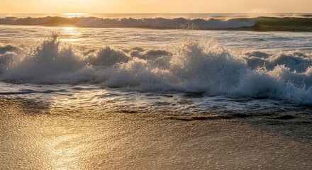 Waves crash onto a sandy beach, illuminated by warm golden light