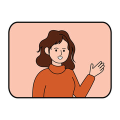 Smiling young woman waving hand in a rounded rectangle frame