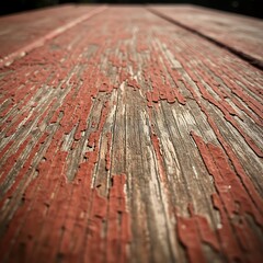 Aged wooden surface with peeling and cracked red paint.