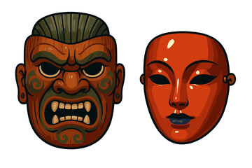 Contrasting pair of traditional cultural masks featuring fierce wooden carving and smooth red theatrical style