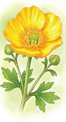 Vector Illustration of Yellow Poppy Flower with Green Leaves in Modern Botanical Style for Floral Design and Nature Artwork