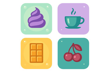 Colorful set of dessert and beverage icons featuring whipped cream, coffee, chocolate, and fruit symbols