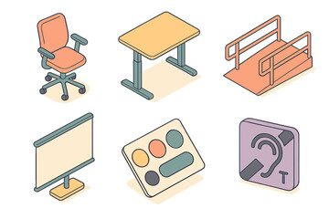 Isometric of adjustable desk, chair, and wheelchair ramp