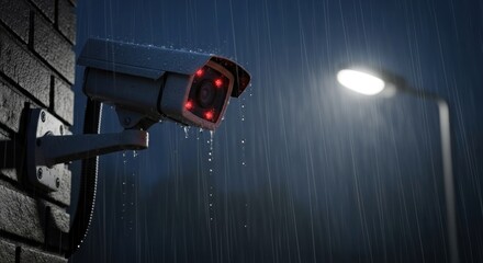 Wet security camera affixed to brick wall under rain at night by lamppost