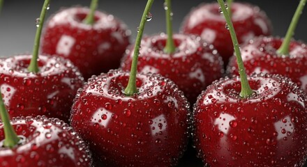 Wet, glossy red cherries with green stems clustered against a dark background