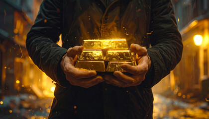 Close-up of a man holding stacked glowing gold bars on a dimly lit street, symbolizing wealth, fortune, and power amid mystery and danger.