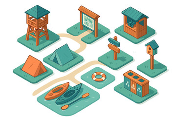Isometric set of camping and outdoor recreation elements featuring tents kayaks and park signage