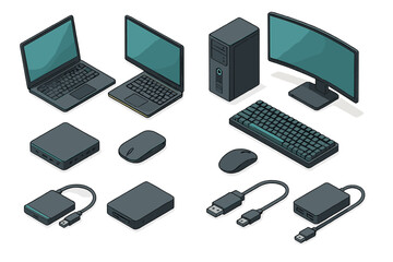 Isometric collection of essential computer hardware, peripherals, laptops, and storage