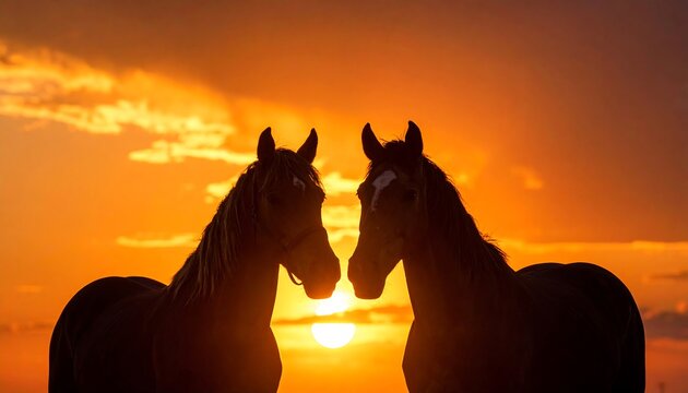 Silhouette of two horses at sunset. Against a golden sky, their forms are defined by the vibrant light. Clouds enhance the dramatic scene