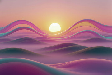 An abstract landscape featuring stylized hills shrouded in a pink haze and fog. Multicolored ribbons flow across the hills against the backdrop of a vibrant sunset or sunrise.