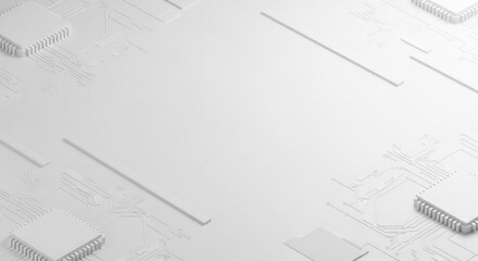White abstract tech background with microchips, lines, and circuit patterns