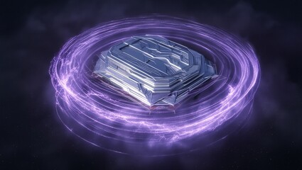 Abstract crystalline cube surrounded by swirling purple energy in dark space