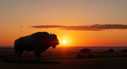 White bison silhouetted against a vibrant sunset over a grassy plain, serene and golden