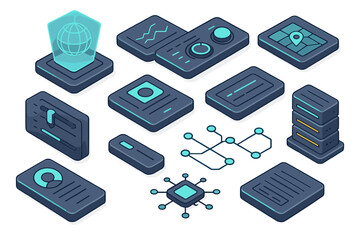 Isometric icons set for data networking, server racks, user interface controls, and global communication