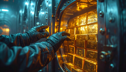 Close-up of gloved hands reaching for stacked gold bars inside a secure vault, symbolizing wealth, finance, security, and high-value investment.