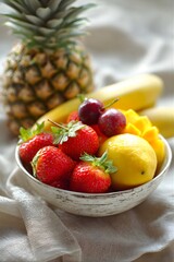 Fresh tropical fruit salad bowl with pineapple and bananas in background