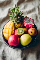 Vibrant assortment of fresh tropical and exotic fruits in a bowl
