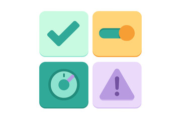 Modern user interface icons set: checkmark, toggle switch, timer, and warning sign symbols