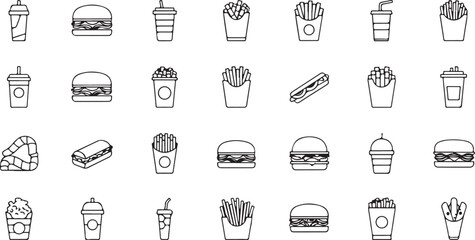 Fast Food Icons Collection in Black and White Line Art