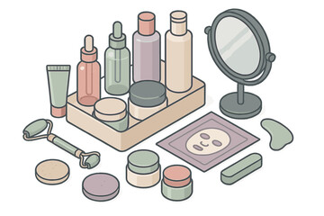 Isometric beauty and skincare products with bottles, jars, mirror, face roller, and facial mask