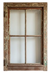 Antique wooden window frame with four panes and decorative carvings.