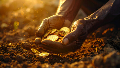 Close-up of dirty hands holding shiny gold coins in soil, glowing in warm sunlight, symbolizing wealth discovery, success, and hard work reward.