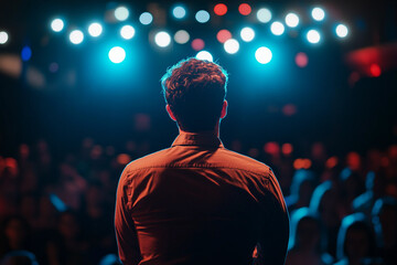 Generative AI portrait of stand up comedian performing on stage with microphone under colorful lights