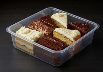 Assortment of Delicious Cake Slices in a Clear Plastic Container.