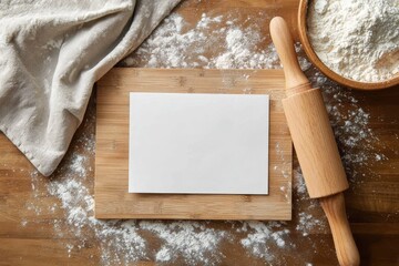 A photorealistic mockup of a blank 5x7 recipe card, on a wooden cutting board with scattered flour. Perfect for baking, cooking, or recipe sharing themes.