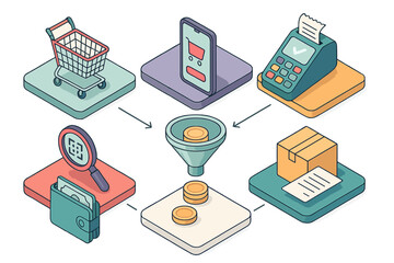 Digital commerce conversion funnel with mobile transactions, retail payment, and logistics icons