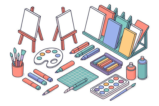 Assortment of professional and hobby art materials like easels, paintbrushes, markers, and colorful canvases