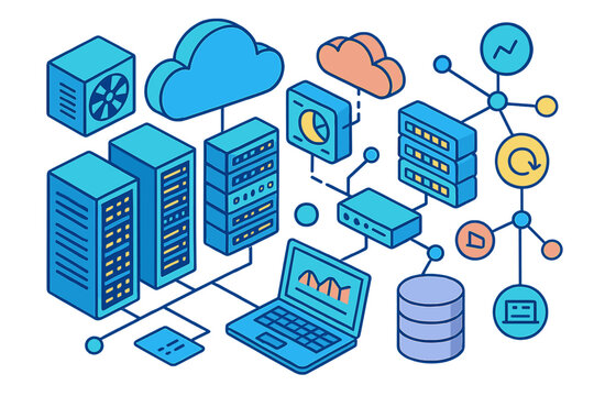 Isometric diagram of cloud computing infrastructure and data center network connectivity