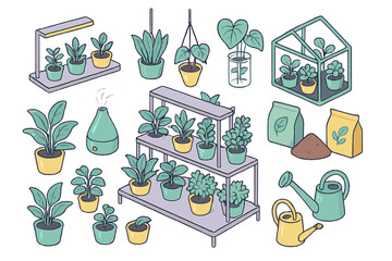 Isometric collection of indoor gardening supplies and potted houseplant care items