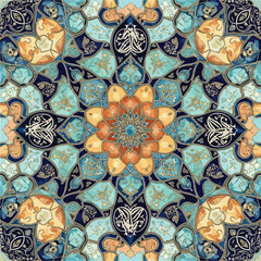 Islamic Geometric Pattern Vector Illustration with Symmetrical Floral and Star Elements in Blue and Orange Tones