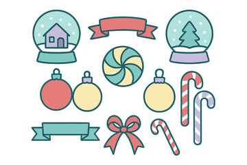 Pastel holiday elements set with snow globes, decorative ribbons, Christmas ornaments, and candy canes