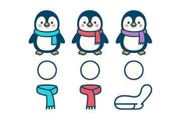 Adorable cartoon penguins dressed in warm winter scarves standing together with seasonal accessories