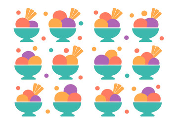 Seamless repeating design of vibrant ice cream sundaes in turquoise bowls with waffle cone toppings