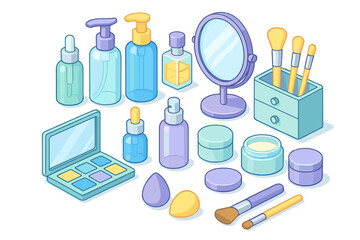 Isometric set of beauty products, skincare items, and makeup tools for personal care routine