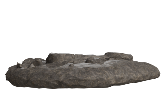 A low-lying, irregular dark gray rock formation with a textured surface, casting subtle shadows, isolated background. Looks like a natural stone platform