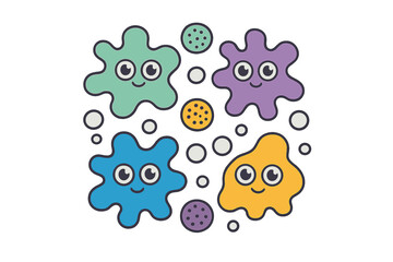 Set of four adorable smiling microscopic germs and bacteria characters in bright colors
