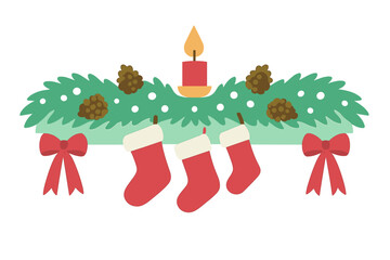 Holiday mantel decoration with green pine branches, burning candle, and three hanging red stockings