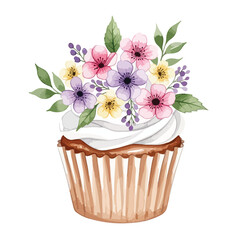 Vector Illustration of Floral Cupcake with Pink Lavender and Yellow Flowers in Modern Style for Dessert Packaging