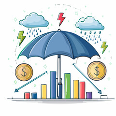 Fototapeta premium Financial Risk Protection Concept Illustrated by Umbrella over Bar Chart and Coin Icons