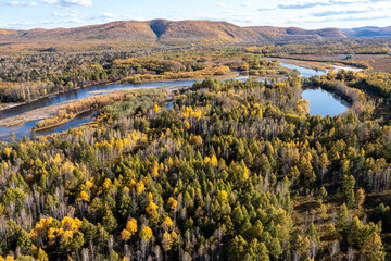 Aerial photography of autumn mountain forest road in Daxing'an Mountains