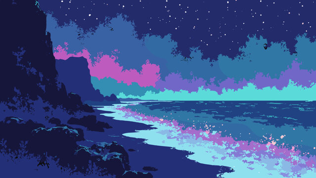 Neon basalt shore &mdash; hexagonal columns rim-lit with neon threads and glossy tidepools, palette: basalt black, neon teal, magenta, no people
