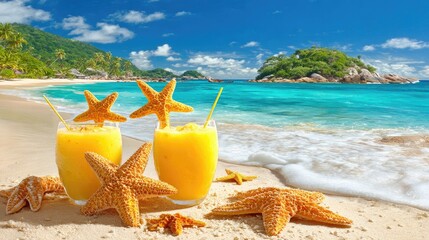 Two tropical drinks and starfishes rest on a sandy beach with turquoise ocean.